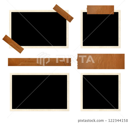Set of empty retro photo, adhesive tape strips. Photograph blank element for scrapbooking. Masking tape part and vintage photoframe. Isolated on white background. Picture album template and duct tape 122344158
