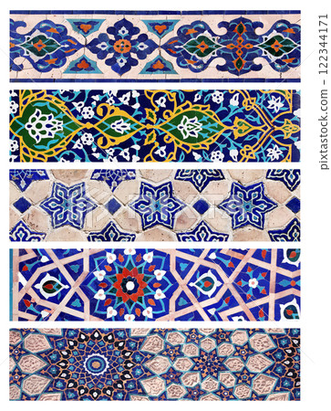 Set of vertical or horizontal banners with detail of ancient mosaic walls with floral and geometric ornaments. Collection of backgrounds with traditional iranian tile decorations Set of vertical or horizontal banners with detail of ancient mosaic walls with floral and geometric ornaments. Collection of backgrounds with traditional iranian tile decorations 122344171