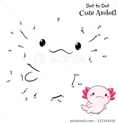 Connect The Dots and Draw cute axolotl. Dot to dot puzzle with cartoon little animal. Educational Game for Kids. Drawing for Preschool children. Vector Illustration EPS8 122344208