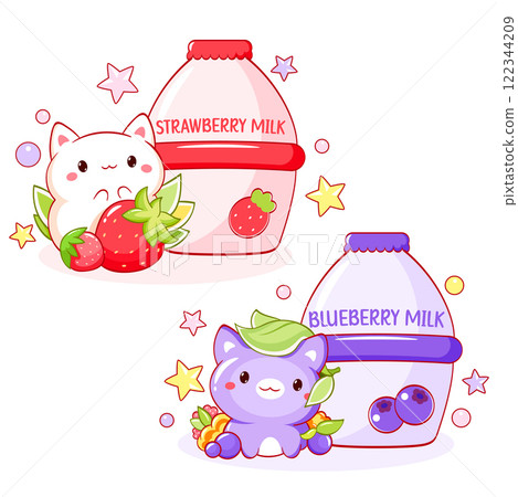 Collection of cats in kawaii style and berry milk, yoghurt, smoothie. Set of cute kittens and yummy berry smoothie in bottle. Can be used for t-shirt print, sticker, greeting card design. Vector EPS8 122344209