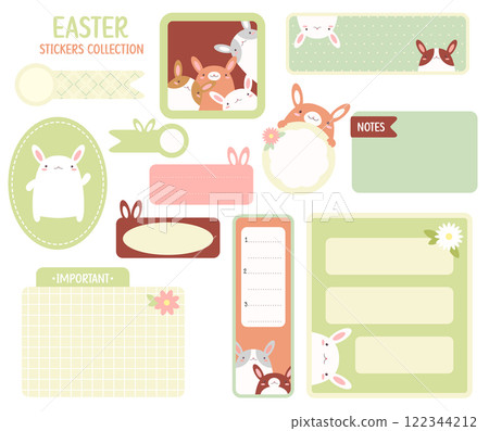 Set of Easter stickers in warm retro style. Cute eye-catching tag, label with bunny. Collection of cozy decor elements for scrapbooking. Vector illustration EPS8 Set of Easter stickers in warm retro style. Cute eye-catching tag, label with bunny. Collection of cozy decor elements for scrapbooking. Vector illustration EPS8 122344212