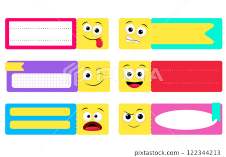 Set of blank ticket templates with emoji. Collection of invite ticket, lottery tag, event coupon, voucher, cinema movie card, festival or circus flyers template with emoticon. Vector EPS8 122344213