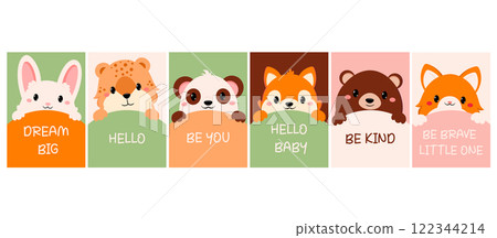 Decorative template flyer, placard, sticker, label with cute animals. Copy space for text. Can be used for greeting, decoration, congratulation, baby shower, notes, scrapbooking design. Vector EPS8 Decorative template flyer, placard, sticker, label with cute animals. Copy space for text. Can be used for greeting, decoration, congratulation, baby shower, notes, scrapbooking design. Vector EPS8 122344214