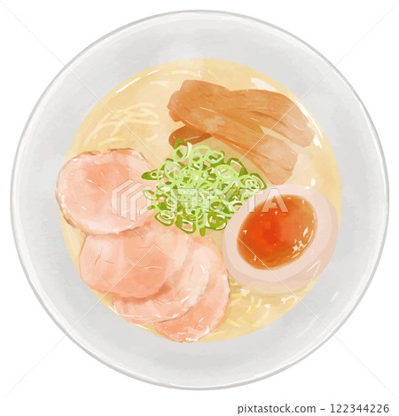 Aerial view of realistic chicken broth ramen 122344226