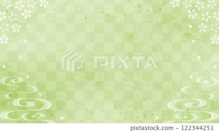 日式背景：抹茶棕色格子圖案，帶有櫻花和流水圖案 122344251