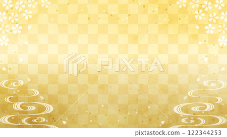 日本背景：金色格子圖案，櫻花和流水圖案 122344253