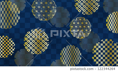 Japanese background: navy blue checkered pattern with gold snowflake pattern 122344264