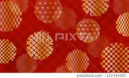 日式背景：紅色格紋圖案搭配金色雪環圖案 122344265