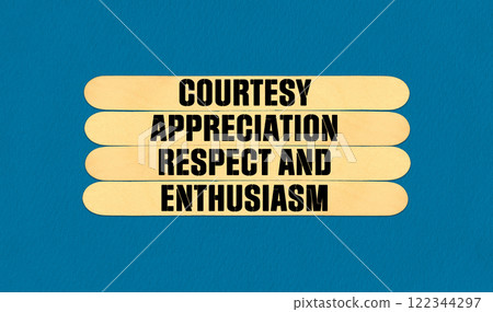 Concept word CARE Courtesy Appreciation Respect and Enthusiasm on beautiful wooden stick. Beautiful Blue Chart Paper Background. Business and Courtesy Appreciation Respect and Enthusiasm concept. 122344297