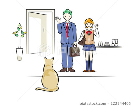 A morning outing for parents and children (father going to work, daughter heading to school, cat seeing her off) | Family series A morning outing for parents and children (father going to work, daughter heading to school, cat seeing her off) | Family series 122344405