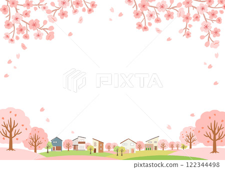 Illustration of cityscape during cherry blossom season - background material 122344498