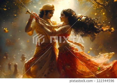 Krishna playing flute and dancing with radha, hindu gods, divine love 122344596
