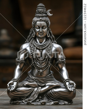 Metallic shiva statue meditating peacefully in lotus position 122344612