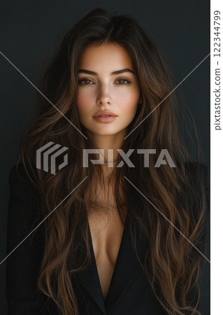 Brunette businesswoman posing with long hair and black jacket 122344799