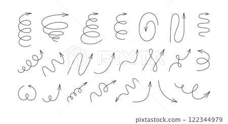 Spiral hand drawn arrows set. Curly line doodle black arrows. Funny design infographic elements. Spiral spring and zig zag pointer. Vector illustrations isolated on white background 122344979