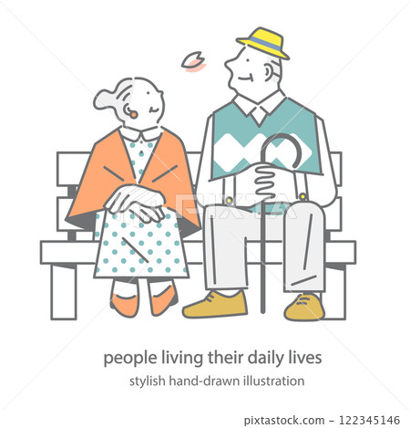 Senior couple taking a break on a park bench Simple and stylish hand-drawn illustration Senior couple taking a break on a park bench Simple and stylish hand-drawn illustration 122345146