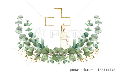 Golden Cross with burning candle and green eucalyptus branches on gold splashes and stains. Watercolor painted illustration. Semicircular composition for christening, wedding. Isolated from background 122345152