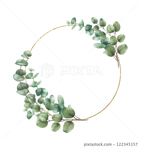 Eucalyptus leaves and branches in circular golden frame. Watercolor hand drawn Silver dollar plant wreath illustration. Round template for wedding invitations, greeting cards. Isolated from background Eucalyptus leaves and branches in circular golden frame. Watercolor hand drawn Silver dollar plant wreath illustration. Round template for wedding invitations, greeting cards. Isolated from background 122345157