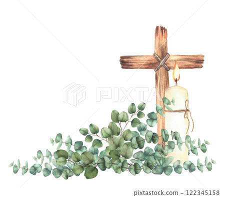 Burning candle with Cross tied with rope and Eucalyptus silver dollar plant green branches Religious Watercolor painted isolated from background illustration for first communion, Easter, wedding card Burning candle with Cross tied with rope and Eucalyptus silver dollar plant green branches Religious Watercolor painted isolated from background illustration for first communion, Easter, wedding card 122345158