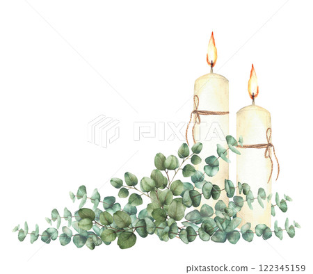 Burning candles with Eucalyptus silver dollar plant green branches Religious Watercolor hand drawn arrangement for first communion, Easter, baptism, wedding card isolated from background illustration  122345159