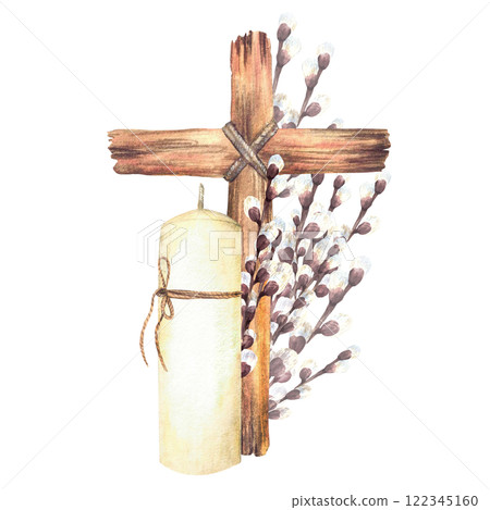 White candle with Cross tied with a rope against of pussy willow branches. Religious Church arrangement. Watercolor hand drawn illustration on isolated background for First communion, baptism, Easter. White candle with Cross tied with a rope against of pussy willow branches. Religious Church arrangement. Watercolor hand drawn illustration on isolated background for First communion, baptism, Easter. 122345160