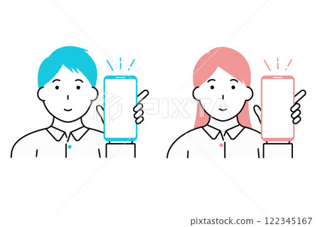 Illustration of a young man and woman showing their smartphone screens 122345167