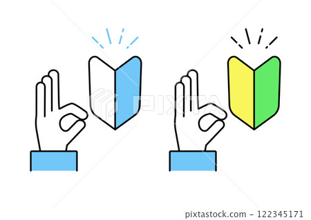 Illustration of a person's hand making a beginner's mark and an OK sign 122345171