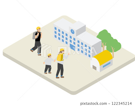 人們水平疏散到疏散中心學校的圖像的等距插圖 122345214