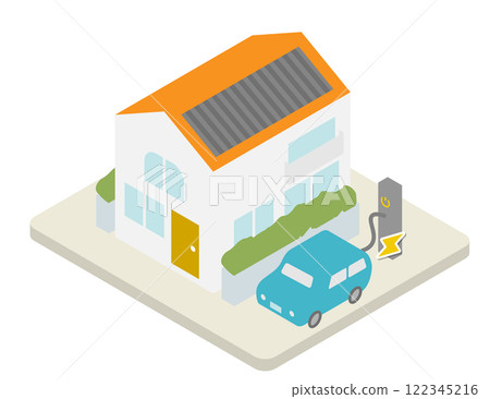 屋頂上裝有太陽能電池板並為電動車充電的全電動房屋的等距圖像 122345216