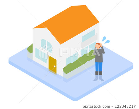 一個人因家被水淹沒而低著頭的圖像的等距插圖 一個人因家被水淹沒而低著頭的圖像的等距插圖 122345217