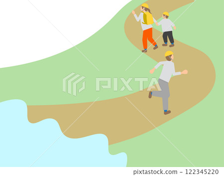 人們攀登山坡並進行垂直疏散的圖像的等距插圖 人們攀登山坡並進行垂直疏散的圖像的等距插圖 122345220