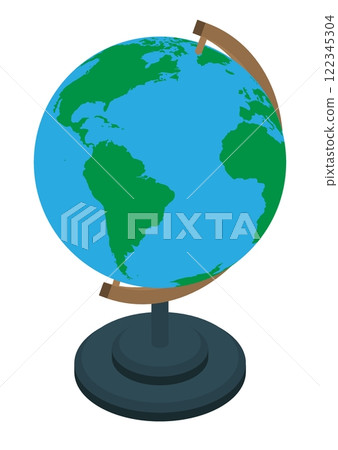 Isometric school globe on stand. Studying geography at school. Planet earth model for training. Aerial view 3D vector isolated on white background 122345304