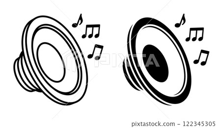Linear icon, isometric music speakers with notes flying out. Listening to music and melodies on professional audio equipment. Simple black and white top view vector isolated on white background 122345305