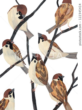 用水彩畫的樹枝上的麻雀的插圖 122345414