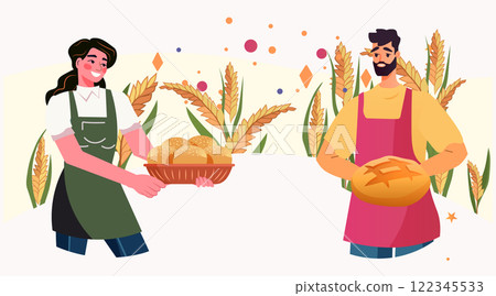 Bakers holding bread and wheat field. Smiling man and woman in aprons with fresh bread surrounded by wheat plants and colorful shapes 122345533