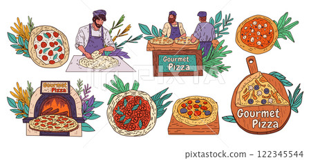 Gourmet pizza preparation chef cooking scene. Colorful elements include chefs making dough wood-fired oven pizzas and fresh ingredients. Perfect for food-themed designs 122345544