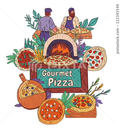 Gourmet pizza chefs baking wood-fired pizzas colorful ingredients leaves oven rustic kitchen scene food preparation culinary art 122345549
