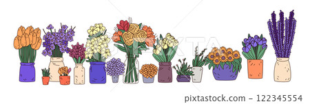 Colorful flower arrangements in vases and pots featuring tulips roses and lavender in diverse hues on a white background home decor theme 122345554