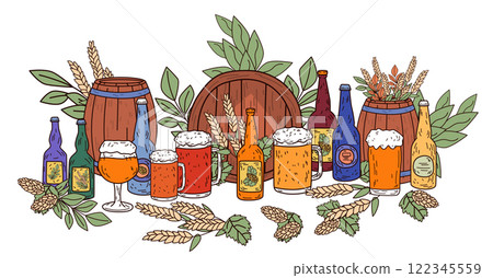 Beer bottles and mugs with hops and wheat wooden barrels and leaves colorful drink scene beverage theme 122345559