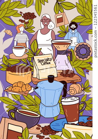 Coffee culture scene with diverse people enjoying beverages coffee beans pastries leaves vibrant colors cafe atmosphere Coffee culture scene with diverse people enjoying beverages coffee beans pastries leaves vibrant colors cafe atmosphere 122345561