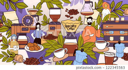 Specialty coffee shop scene with baristas colorful coffee equipment beans leaves pastries cheerful atmosphere cafe decor Specialty coffee shop scene with baristas colorful coffee equipment beans leaves pastries cheerful atmosphere cafe decor 122345563