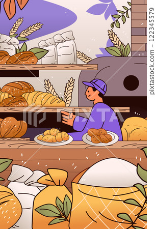 Bakery shop scene with baker offering bread and pastries surrounded by wheat sacks and plants colorful design elements Bakery shop scene with baker offering bread and pastries surrounded by wheat sacks and plants colorful design elements 122345579