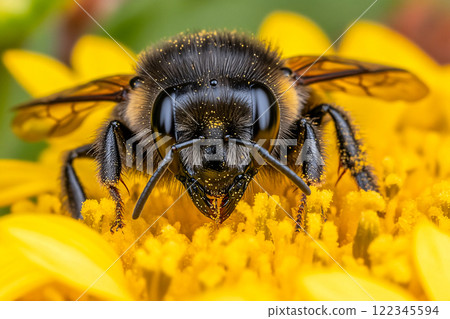 Macro shot capturing a honeybee on sunflower pollen, highlighting bright, vibrant details 122345594