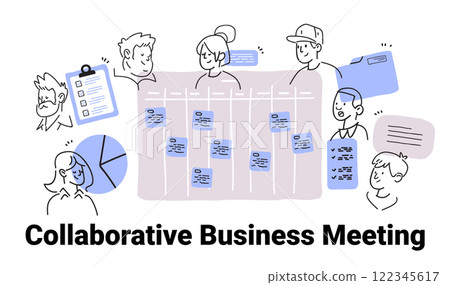 Collaborative business meeting concept with people discussing tasks charts and notes in a minimalist hand drawn style for website design 122345617