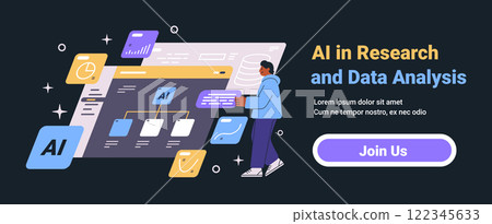AI research data analysis concept with person interacting with digital interface charts graphs and flowcharts on dark background website banner 122345633