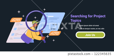 Man searching project topics with magnifying glass digital documents dark background website banner Man searching project topics with magnifying glass digital documents dark background website banner 122345635