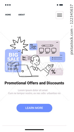Big Sale promotional concept with person analyzing offers on laptop surrounded by discount icons and charts in minimalist hand drawn style. Mobile app screen 122345637