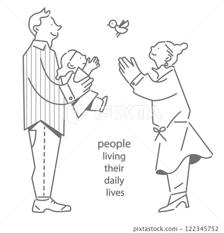 Young family playing outdoors Simple and stylish hand-drawn illustration 122345752
