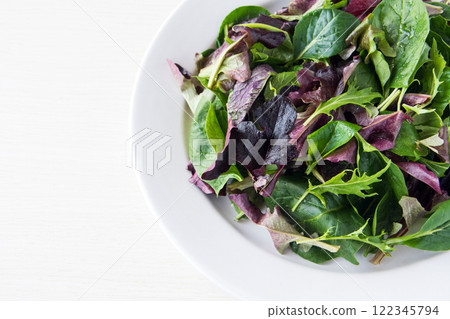 Baby leaves on a white plate 122345794