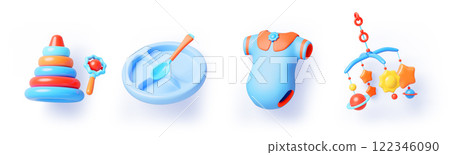 3d set of blue baby boy cartoon render icon. Infant clothes, children toys mobile, pyramid, rattle, food plate and spoon for kids. Newborn care accessories, isolated toddler objects. 3D illustration 3d set of blue baby boy cartoon render icon. Infant clothes, children toys mobile, pyramid, rattle, food plate and spoon for kids. Newborn care accessories, isolated toddler objects. 3D illustration 122346090